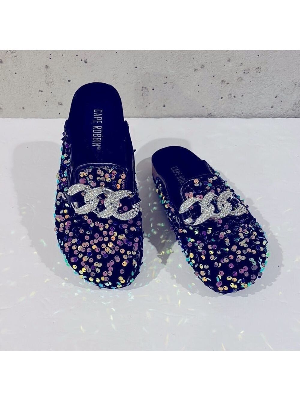 Cape Robbin Sequined Elsa Mules w/ Rhinestone Chain Buckle - Size 7